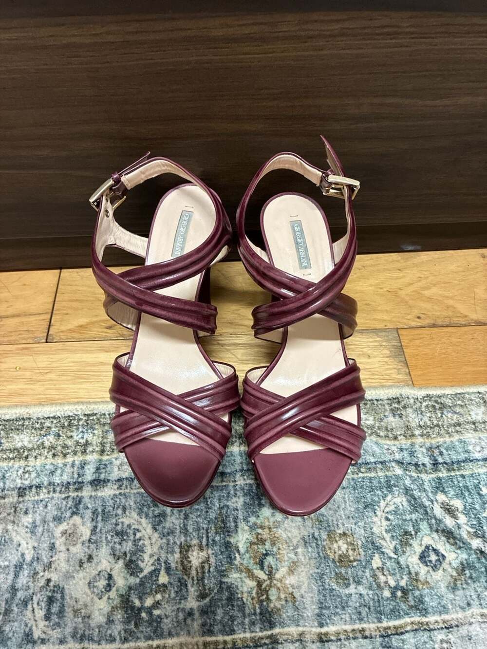 Vintage Y2K Giorgio Armani Cross Strap Platform Heels Size 37.5 Burgundy Leather